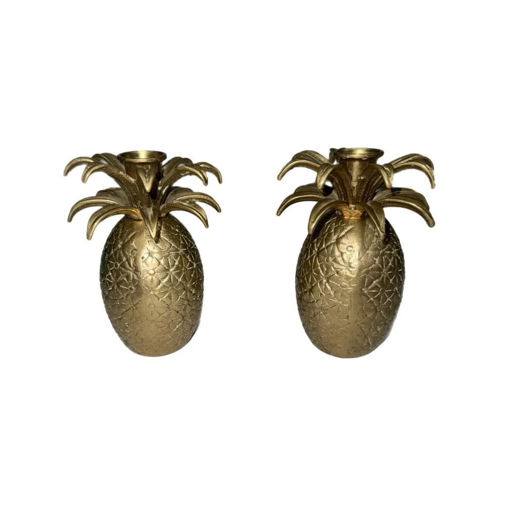Vintage Solid Brass Pineapple Taper Candle Holders Pair Tropical Decor Gold‎